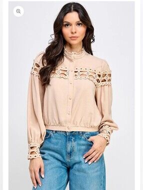 Women's Lace Yoke Long-Sleeve Top - Pink